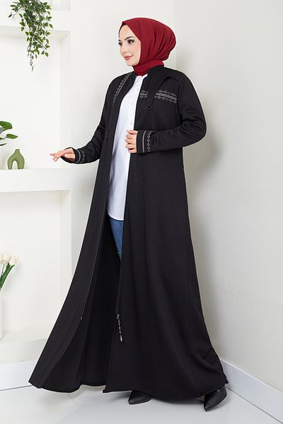 ModaMerve Black Top Coat Ferace - Front Zip, Model 0003Hmy948-M