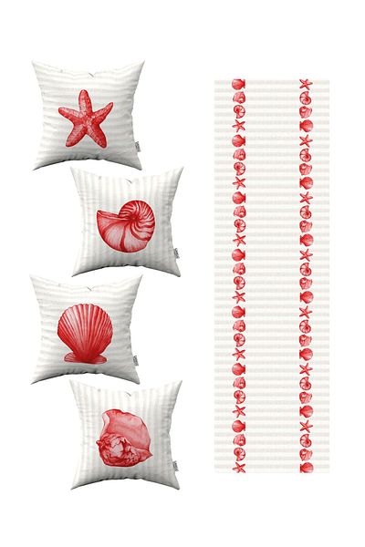 Cango Home Red Cream Striped Marine Patterned 4-Piece Throw Pillow Cover 1 Runner Set 4kmbs297-rs