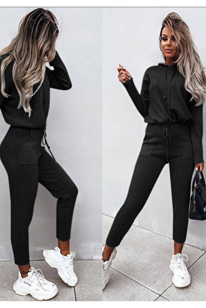 Little Visqon Dámské kalhoty s kapucí a kapsami, dvoudílná souprava – černá