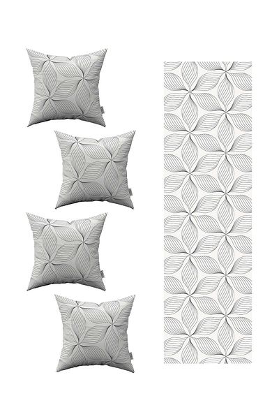 Cango Home Alb, negru, cu dungi decorative, cu model de frunze, husă de pernă din 4 piese 1 set de alergători 4kmbs245-rs