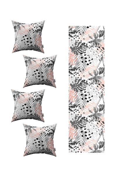 Cango Home Gray Pink Tropical Leaf Patterned 4-Piece Throw Pillow Cover 1 Runner Set 4kmbs244-rs