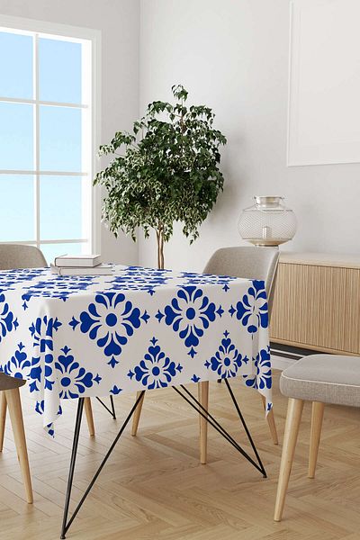 Cango Home Alb Albastru Modern Etnic Tigla Model Imprimata Digital Masa Cgh569-ms