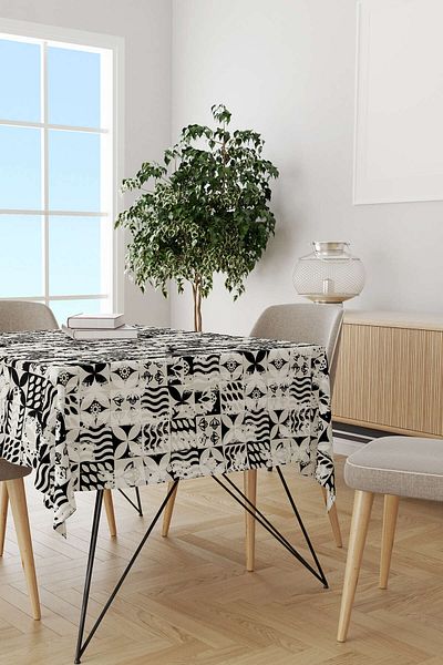 Cango Home Black Cream Decorative Geometric Tablecloth Cgh131-ms