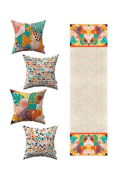 Cango Home Orange Green Tropical Geometric Patterned 4-Piece Throw Pillow Cover 1 Runner Set 4kmbs247-rs