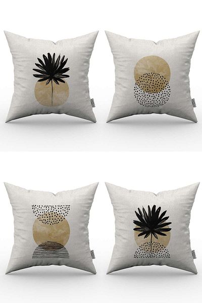 Cango Home Botanical Bohemian Scandinavian Patterned 4-Piece Throw Pillow Cover Set - Yellow (Mustard) Black, Digital Printed 4kmbs327