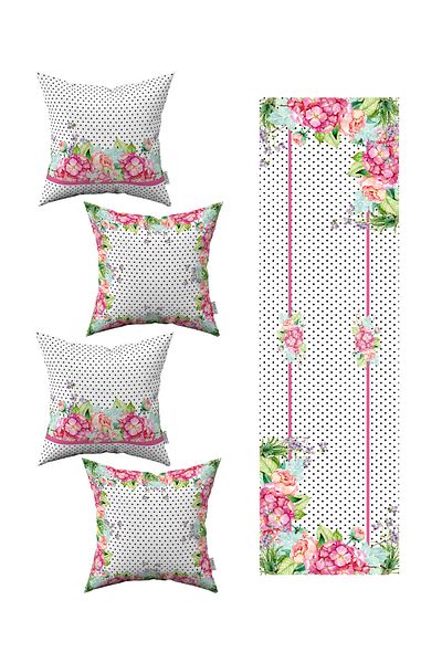 Cango Home Pink and White Polka Dot Floral Patterned 4-Piece Throw Pillow Cover 1 Runner Set 4kmbs265-rs