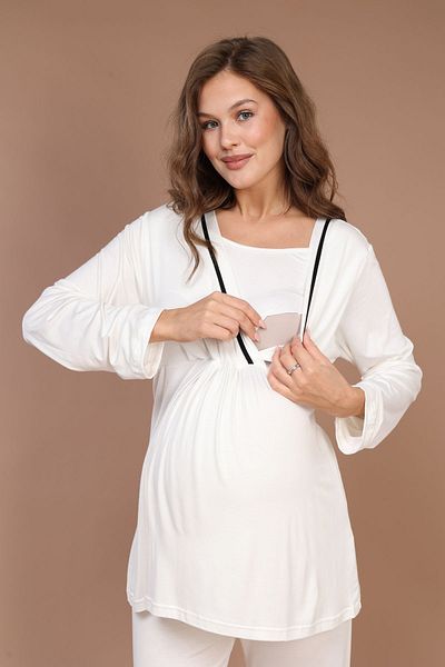 lohusahamile Long Sleeve Piping Maternity Pajamas Set with Dressing Gown