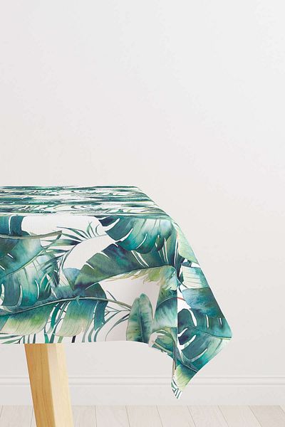 Cango Home Green and White Leaf Patterned Digital Printed Tablecloth Otyk728-ms