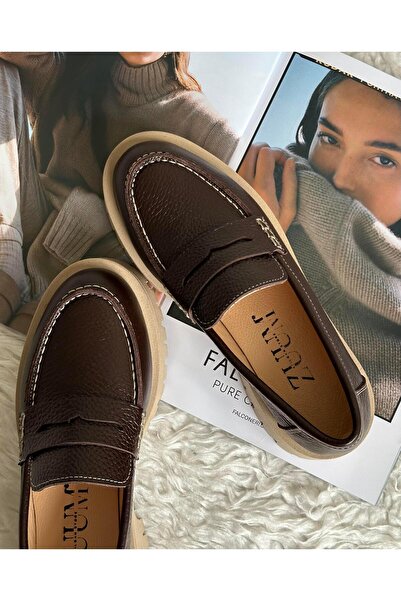 Zuum Polka % 100 Hakiki Deri Kadın Makosen Ayakkabı - Kahve Deri