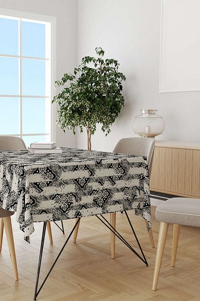 Cango Home Față de masă cu model damasc crem negru Cgh099-ms