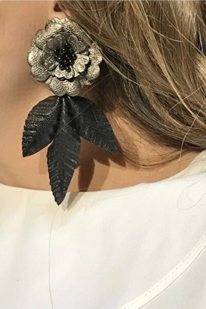 pınarturhan Kadın Antrasit Siyah Hakiki Deri El Yapımı Yonca Yapraklı Küpe