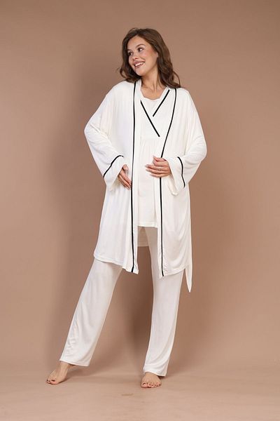 lohusahamile Long Sleeve Piping Maternity Pajamas Set with Dressing Gown