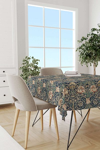 Cango Home Cream Navy Blue Ramadan Themed Flower Patterned Digital Printed Tablecloth Cgh1338-ms