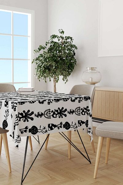 Cango Home Black and White Decorative Patterned Digital Printed Tablecloth Cgh588-ms