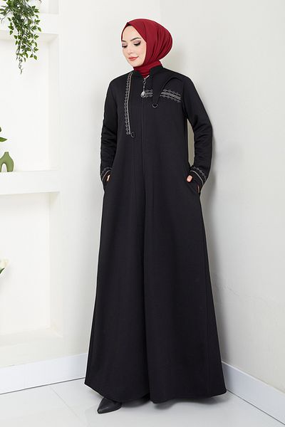 ModaMerve Black Top Coat Ferace - Front Zip, Model 0003Hmy948-M