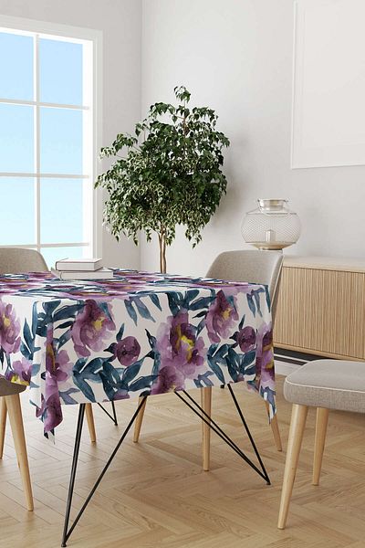 Cango Home Față de masă florală alb violet Cgh232-ms