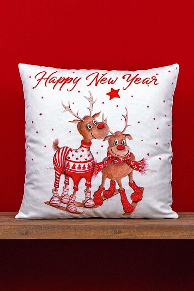 Cango Home Double Sided Red Deer New Year Themed Digital Printed Throw Pillow Cover -cgh1372-ct