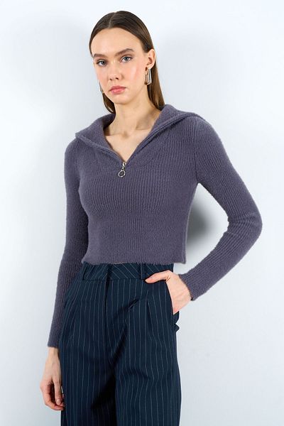 Qu Style Women's Powder Polo Neck Zippered Crop Knitwear Sweater