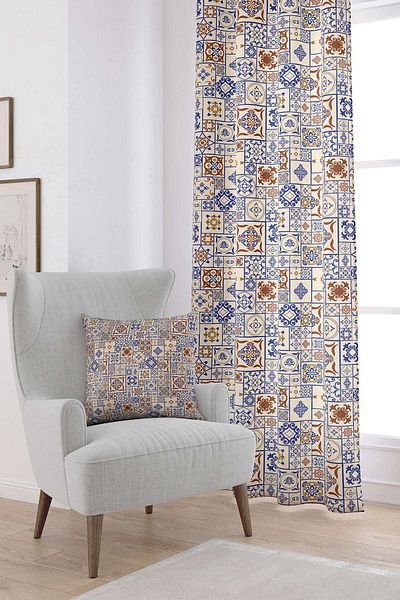 Cango Home Καφέ Μπλε Ethnic Πλακάκι με μοτίβο ψηφιακής τυπωμένης κουρτίνας Cgh611-pr