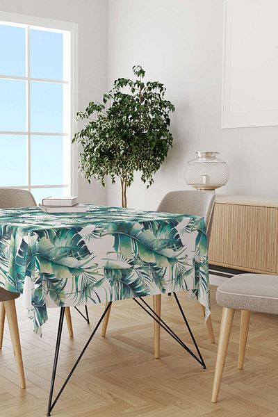Cango Home Green and White Leaf Patterned Digital Printed Tablecloth Otyk728-ms
