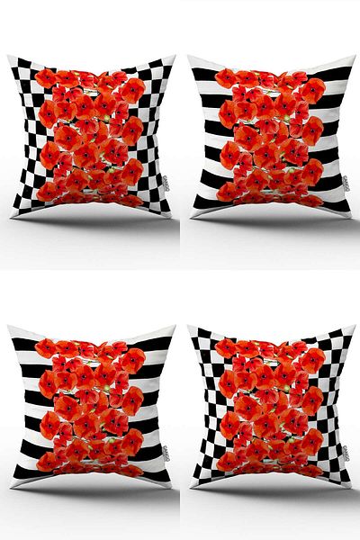 Cango Home Red Black Checkered Striped Floral Patterned 4-Piece Digital Printed Throw Pillow Cover Set - 4kmbs260