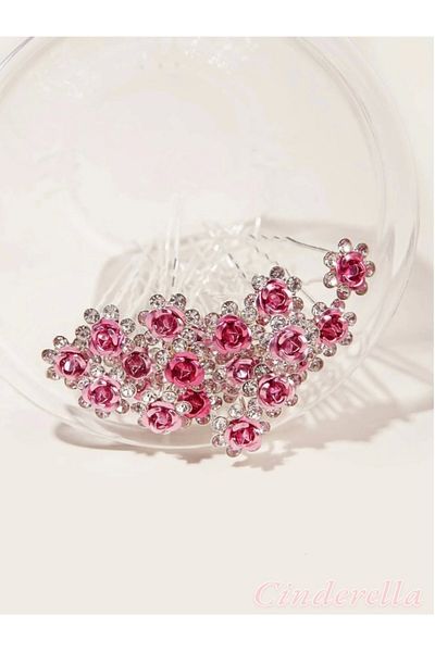 Cinderella Pachet de 10 mini agrafe de păr cu design de flori roz din piatră de cristal - accesoriu pentru păr pentru coroană de mireasă