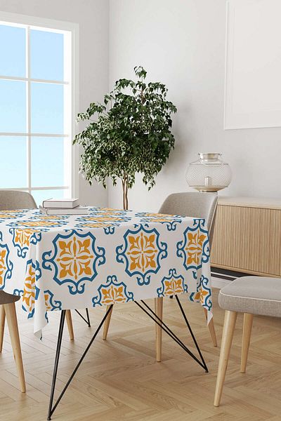 Cango Home Alb Albastru Modern Etnic Tigla Model Imprimata Digital Masa Cgh578-ms