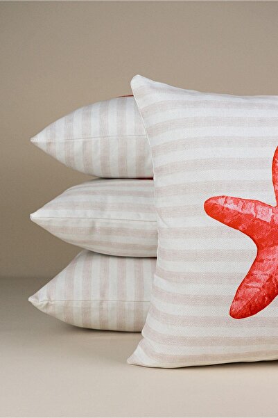 Cango Home Double Sided Red Cream Striped Marine Patterned 4-Piece Digital Printed Throw Pillow Cover Set 4kmbs297-ct