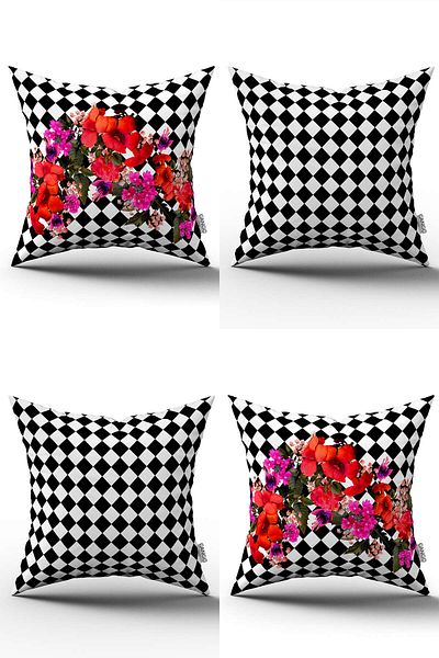 Cango Home Set de 4 huse de pernă cu model floral în carouri alb-negru - 4kmbs271