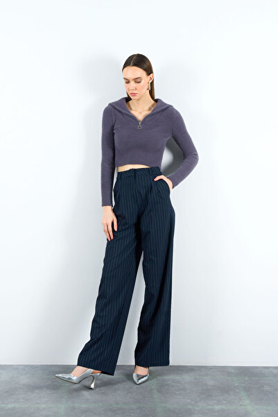 Qu Style Kadın Füme Polo Yaka Fermuarlı Crop Triko Kazak