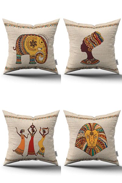 Cango Home Set de fete de pernă crem etnic african cu model elefant imprimat digital 4kmbs304