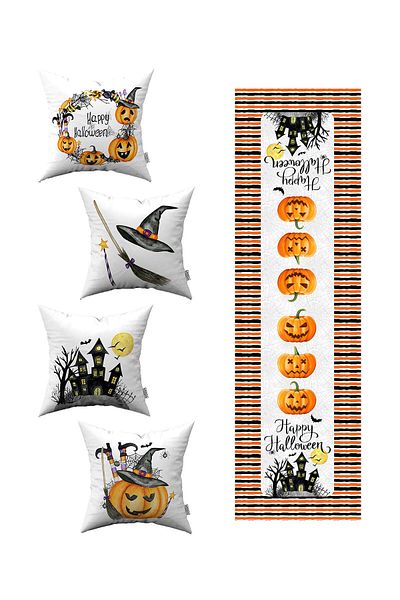 Cango Home Orange Halloween Pumpkin Patterned 4-Piece Throw Pillow Cover 1 Runner Set 4kmbs133-rs