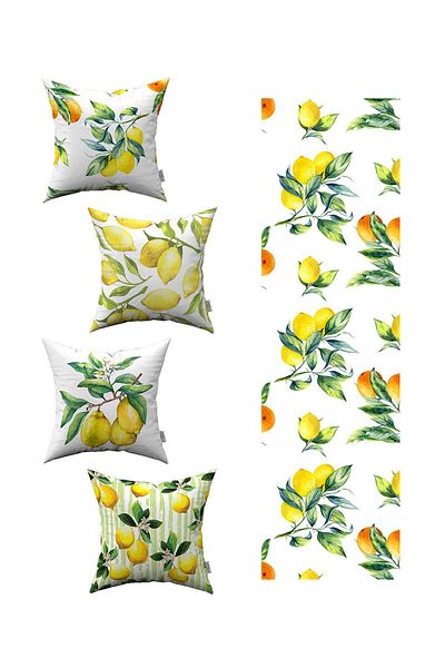 Cango Home Yellow Green Lemon Patterned 4-Piece Throw Pillow Cover 1 Runner Set 4kmbs92-rs-01