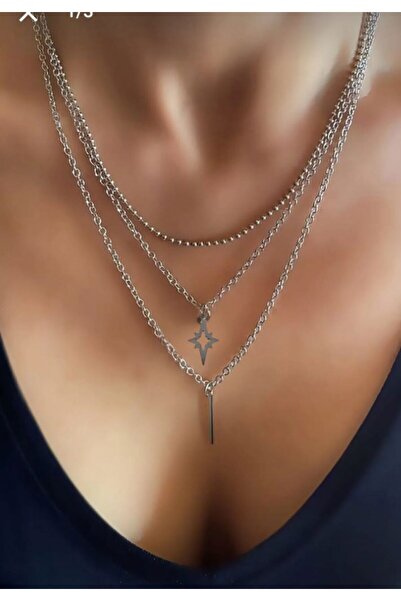 TakıConcept Gümüş Renk Zincirli Halka Ve Bar Çubuk Detaylı Üçlü Sallantılı Ço...