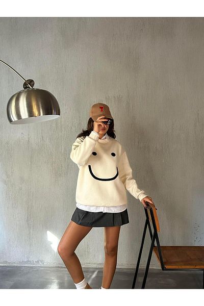 minaaise Women &Apos; S Sweatshirt in Ecru - Smile Süzene Embroidery, 3 Thread Raster, Wide Fit 28313
