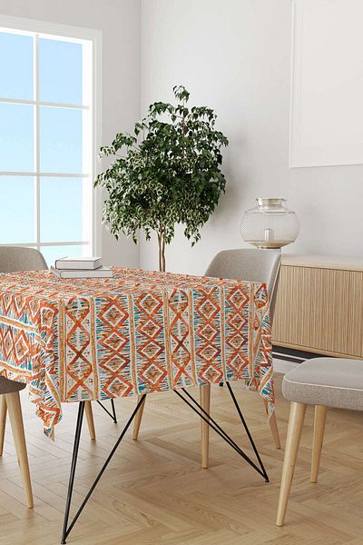 Cango Home Orange and White Ethnic Patterned Tablecloth Cgh264-ms