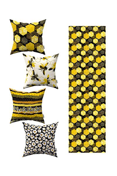 Cango Home Yellow Black Bee Daisy Patterned 4-Piece Throw Pillow Cover 1 Runner Set 4kmbs288-rs-3