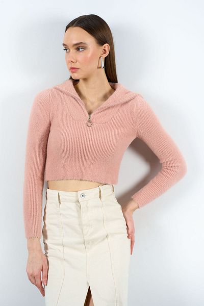 Qu Style Pulover de damă, cu gât polo, cu fermoar, tricotaj