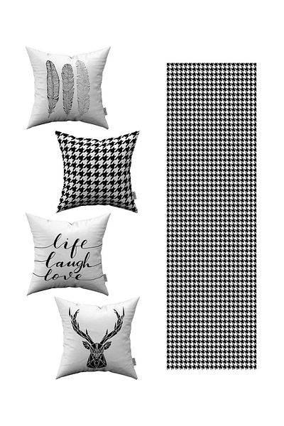 Cango Home Husă de pernă decorativă modernă, alb-negru, 4 piese, 1 set de alergători 4kmbs76-rs