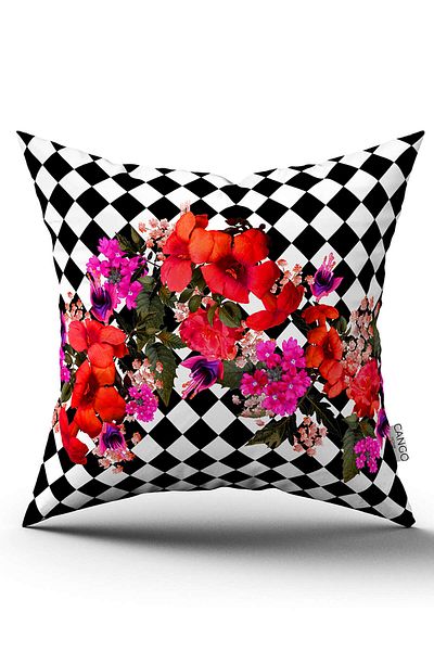 Cango Home Husă de pernă cu două fețe, cu model floral în carouri alb-negru, imprimată digitală Cgh1107
