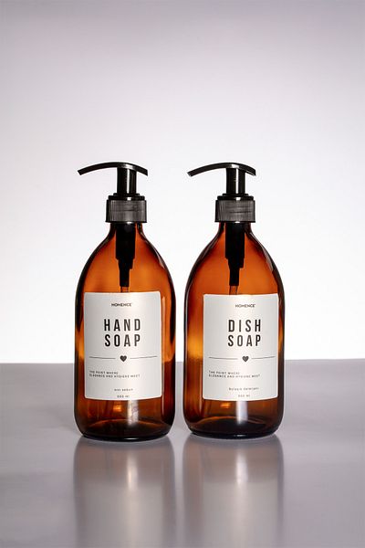 homence Set of 2 Amber Glass Bottles - White Soap Dispenser with Label 500ml