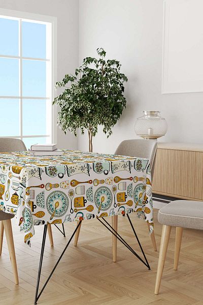 Cango Home Față de masă albă, multicoloră, cu model de faianță decorativă, imprimată digitală Cgh609-ms