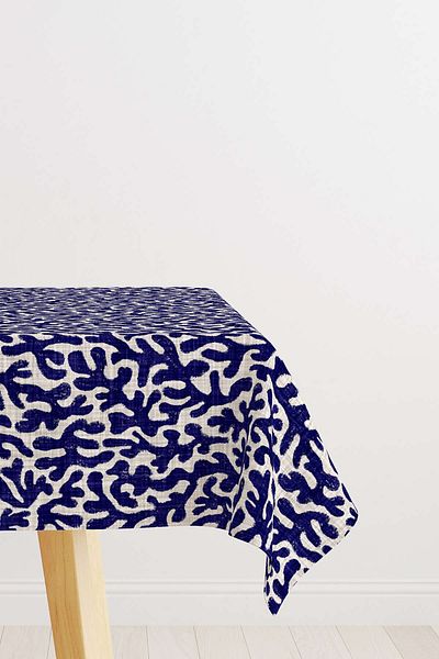 Cango Home Navy Blue Beige Marine Themed Coral Patterned Digital Printed Tablecloth Cgh633-ms