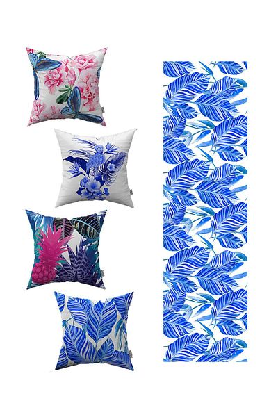 Cango Home Husă de pernă cu model tropical, albastru, roz, 4 piese, 1 set de alergători 4kmbs004-rs-02
