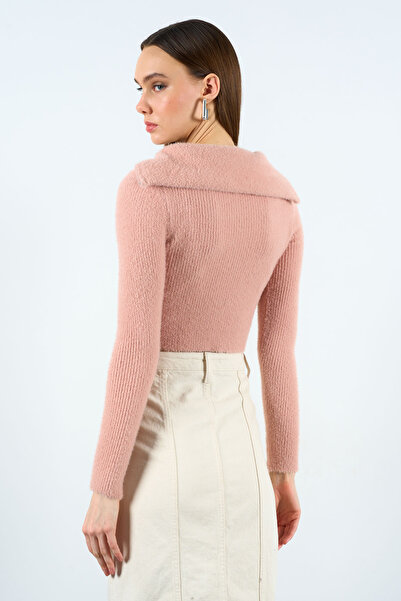 Qu Style Kadın Pudra Polo Yaka Fermuarlı Crop Triko Kazak