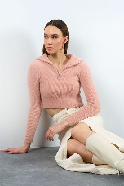 Qu Style Pulover de damă, cu gât polo, cu fermoar, tricotaj