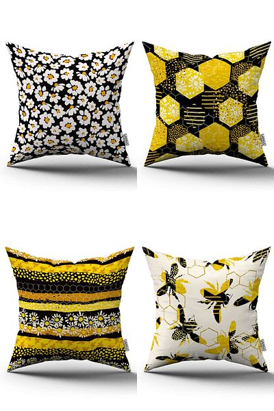 Cango Home Yellow Black Bee Daisy Patterned 4-Piece Digital Printed Throw Pillow Cover Set - 4kmbs288