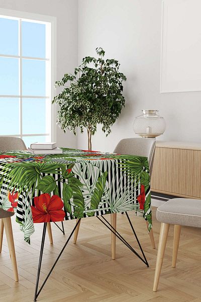 Cango Home Black Red Tropical Parrot and Flower Patterned Digital Printed Tablecloth Otyk468-ms