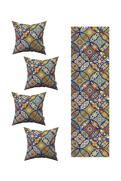 Cango Home Husă de pernă din 4 piese cu model retro vintage albastru 1 set de alergători 4kmbs225-rs