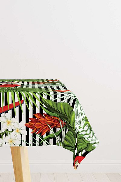 Cango Home Black Red Tropical Parrot and Flower Patterned Digital Printed Tablecloth Otyk468-ms